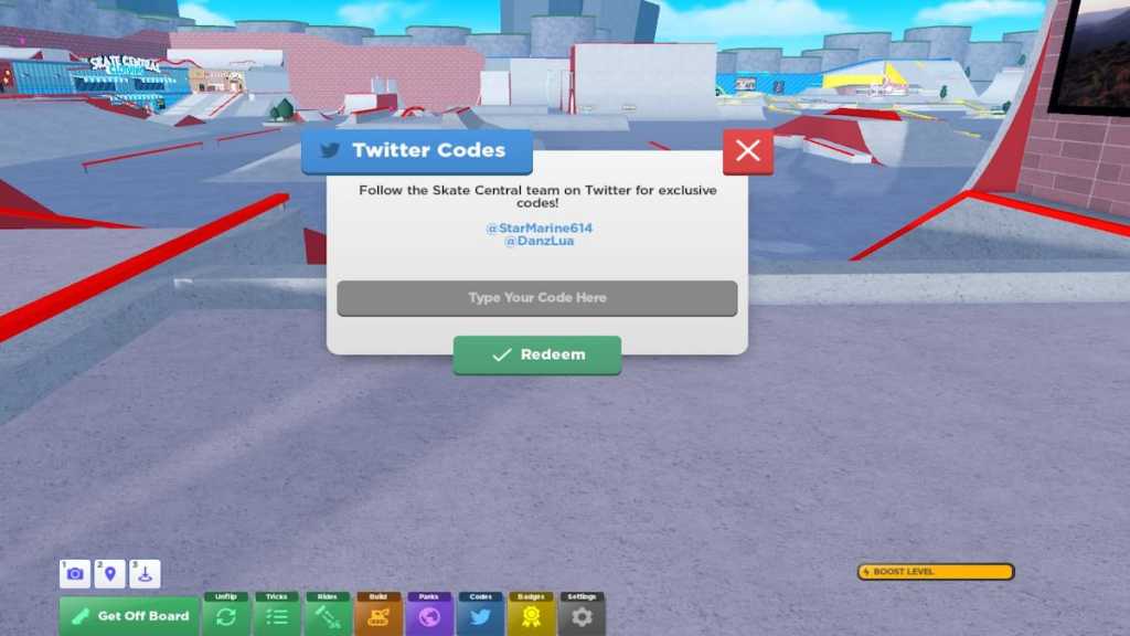 Redeem code box for Roblox Skate Park