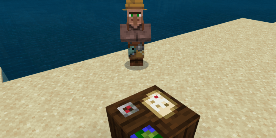 A villager in front of a Cartography Map.