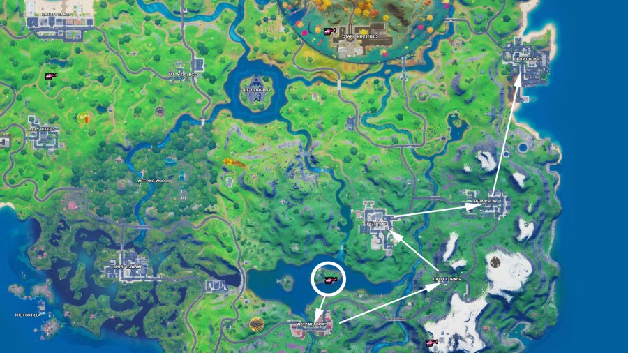 Fortnite five named locations travel path map