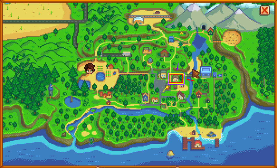 Stardew Valley Map highlighting Alex's house.