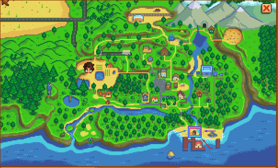 Stardew Valley map highlighting Ellito's Hut.