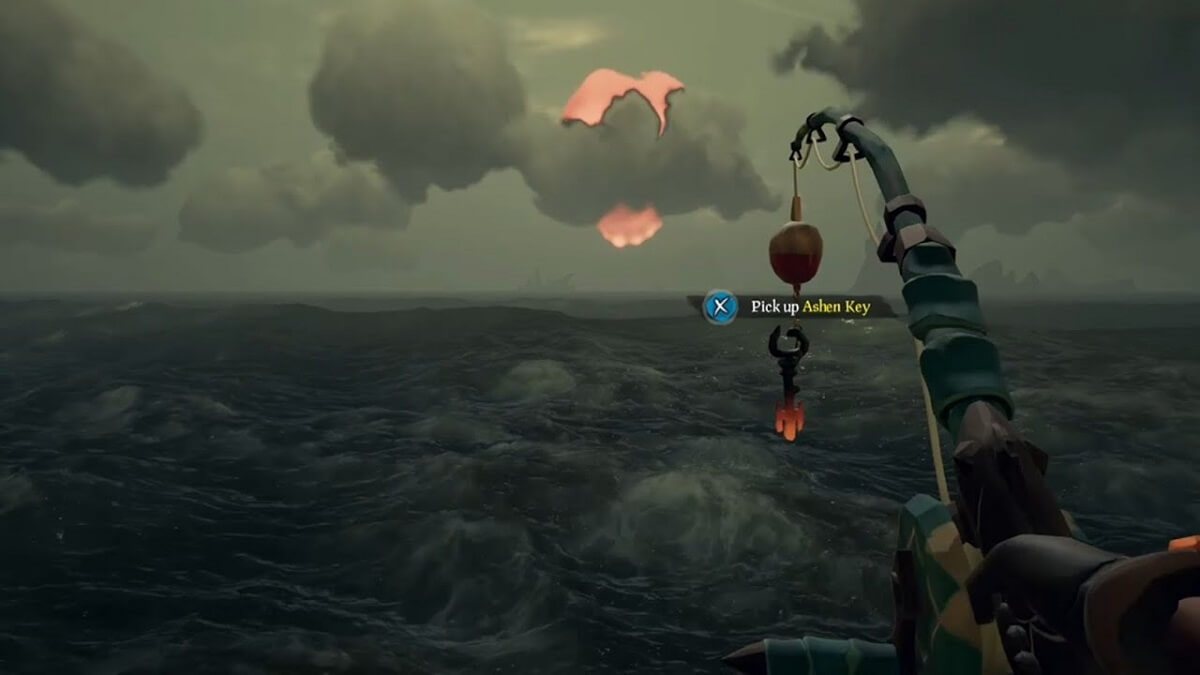 An Ashen Key on a fishing line in Sea of Thieves.