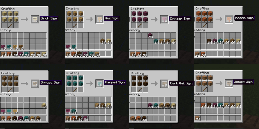 All Minecraft sign recipes.