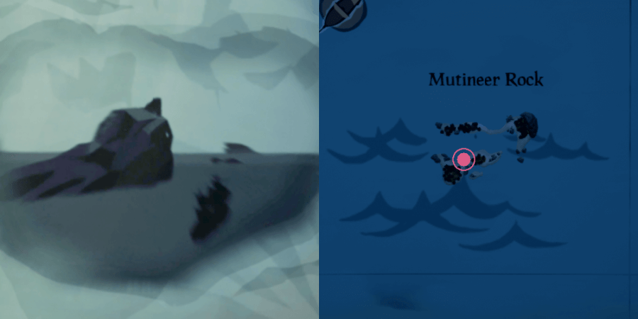 The image and location of the Skeleton Chest on Mutineer Rock.