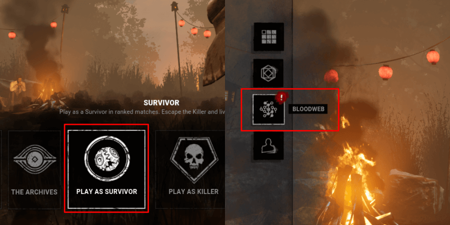 The steps to select a survivor's bloodweb on Dead by Daylight.