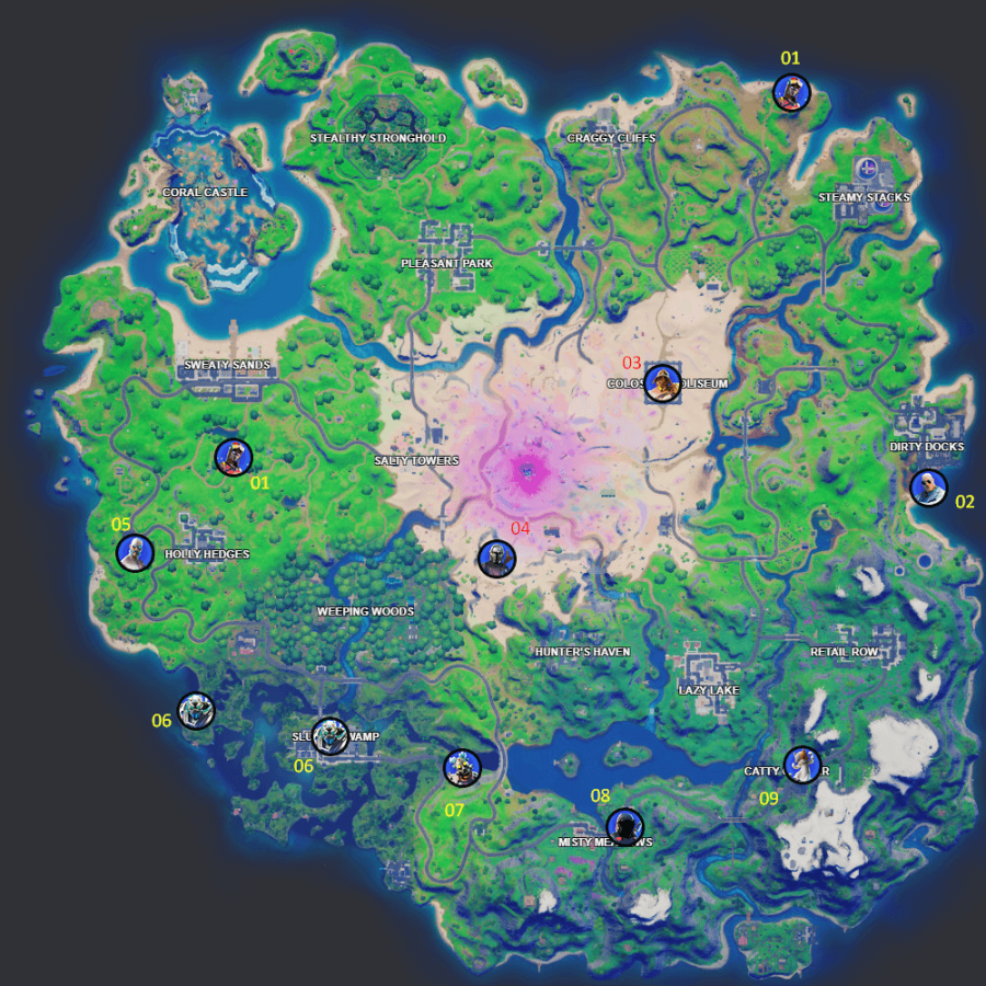 All Fortnite Duel NPC locations.