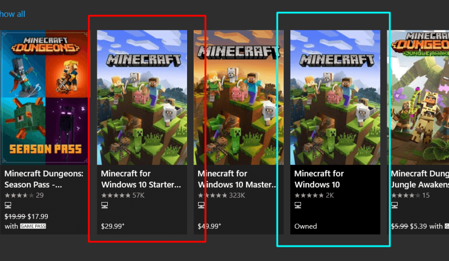 Minecraft for Windows 10 in the Windows App STore.