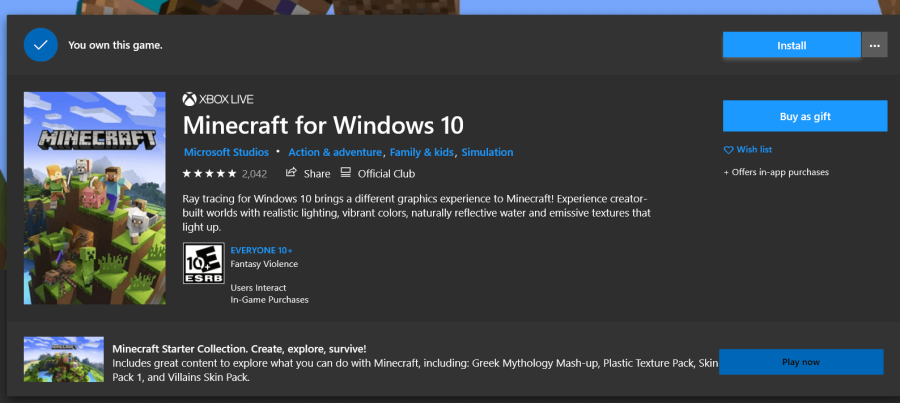 The Install button for Minecraft Windows 10.