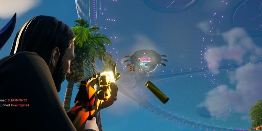 Shooting at a UFO in Fortnite.