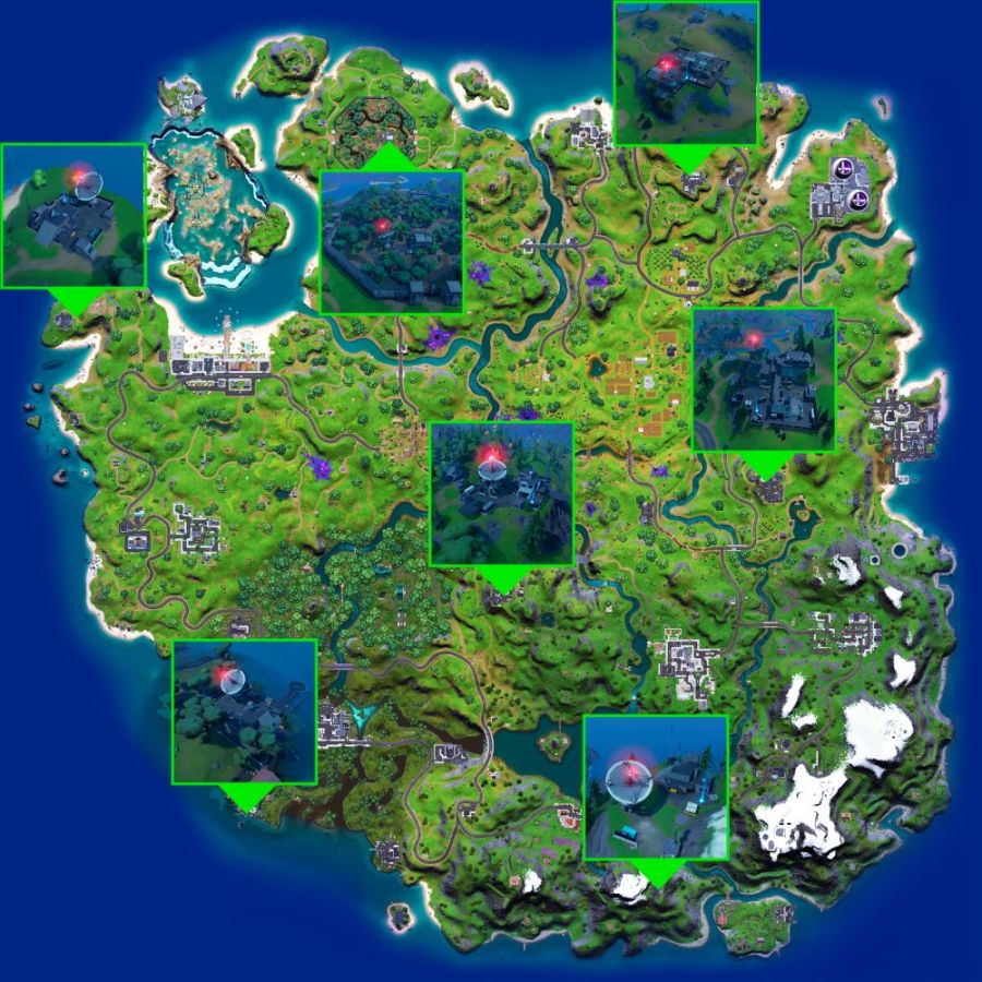 Satellite Dish locations in Fortnite Chapter 2 Season 7.