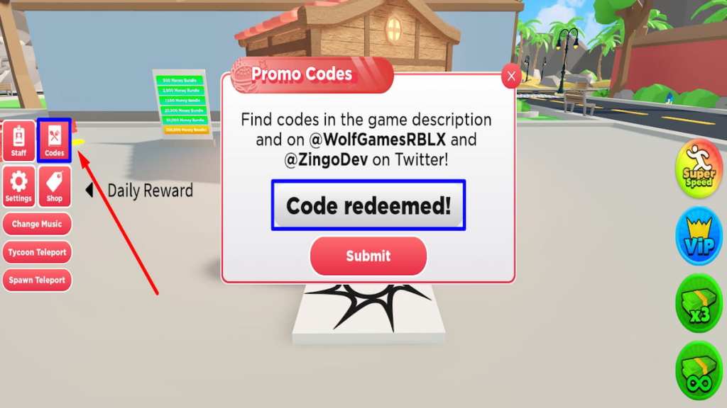 Redeem text box for Roblox Burger Tycoon