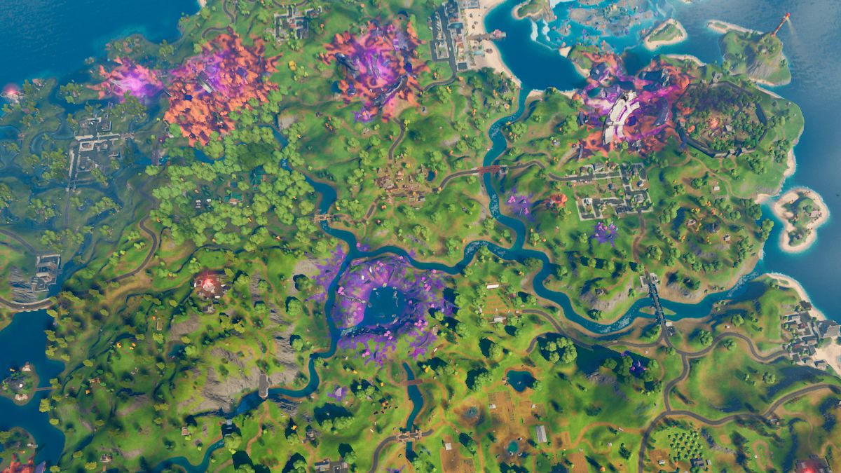 An overhead view of the island in Fortnite.