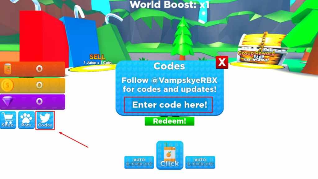 Roblox Juice Legends Codes Redeem page