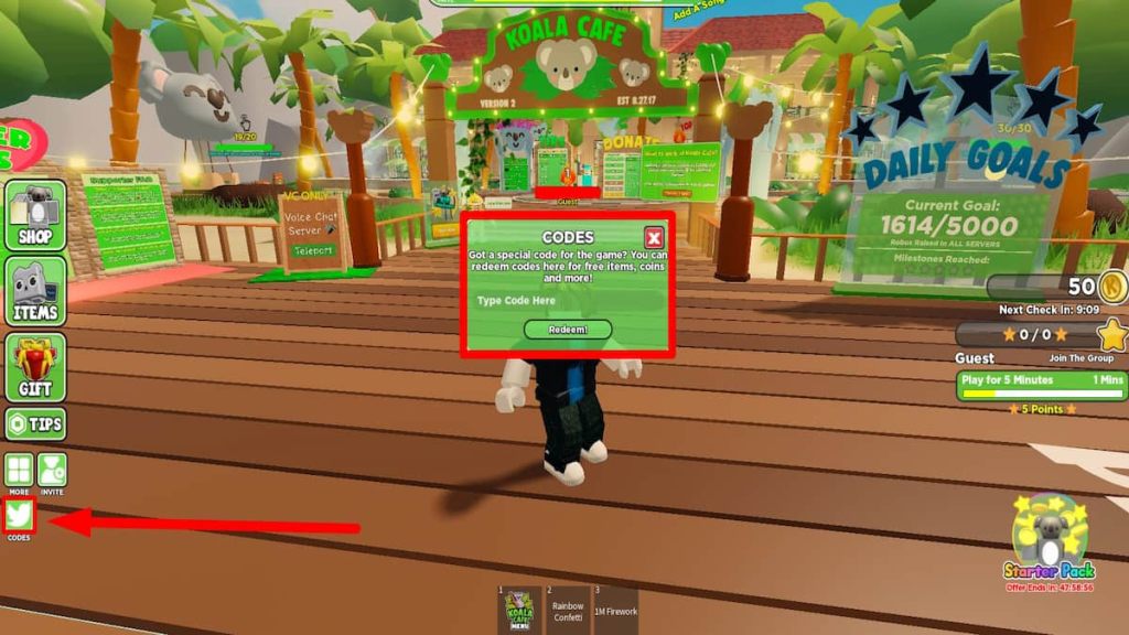 Redeem code text box for Roblox Koala Cafe