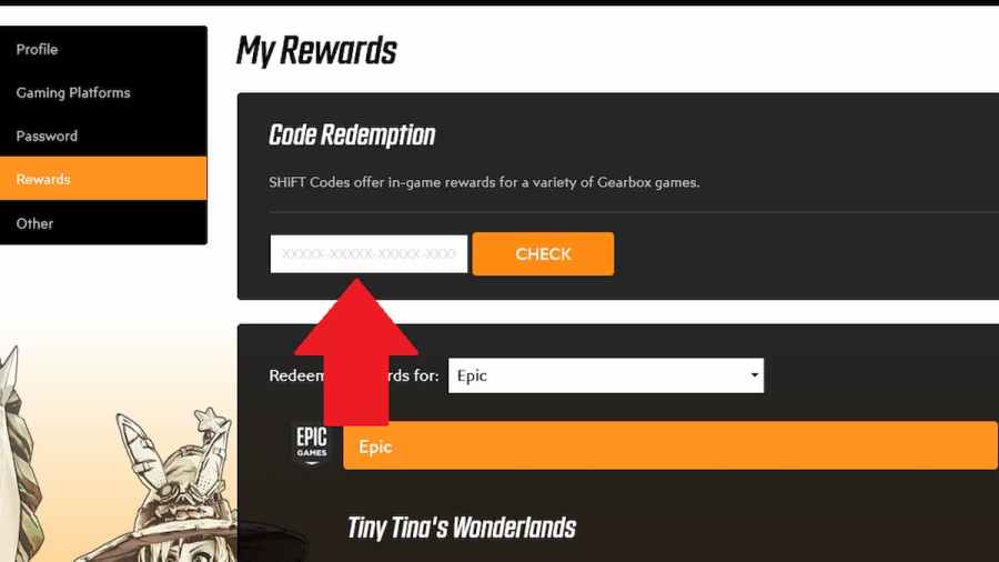 Tiny Tina's Wonderlands SHiFT Codes redeem page