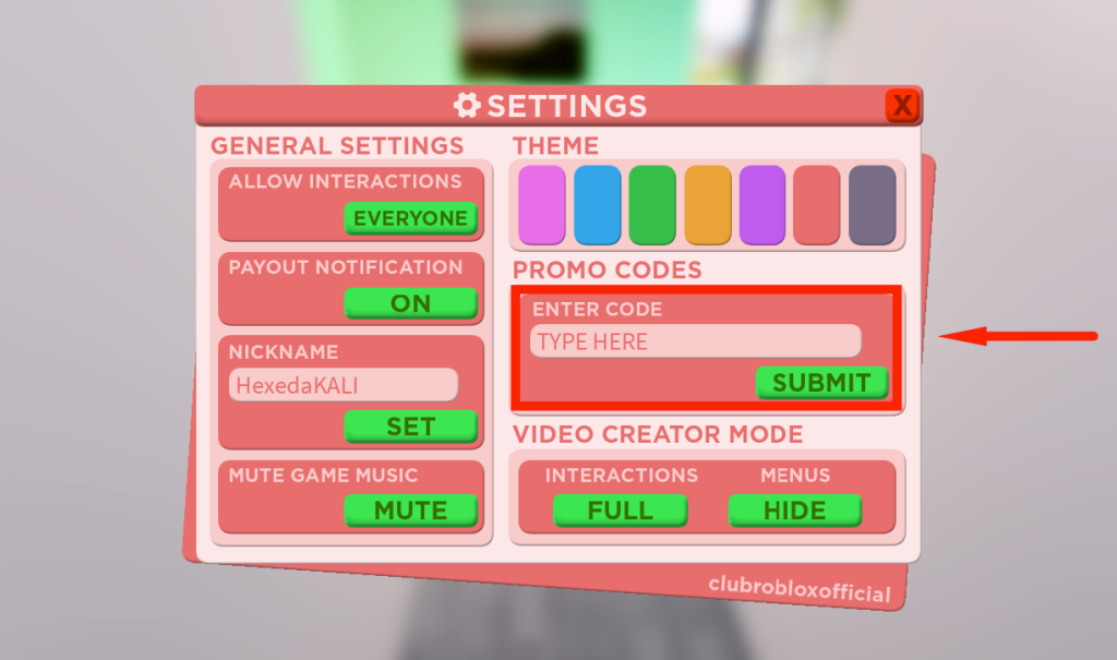 Redeem code text box for Club Roblox