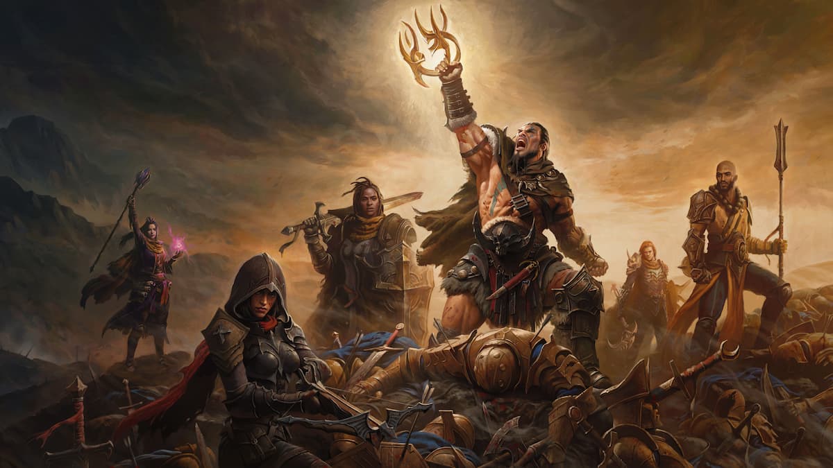 Diablo Immortal press art showing champions shouting in victory