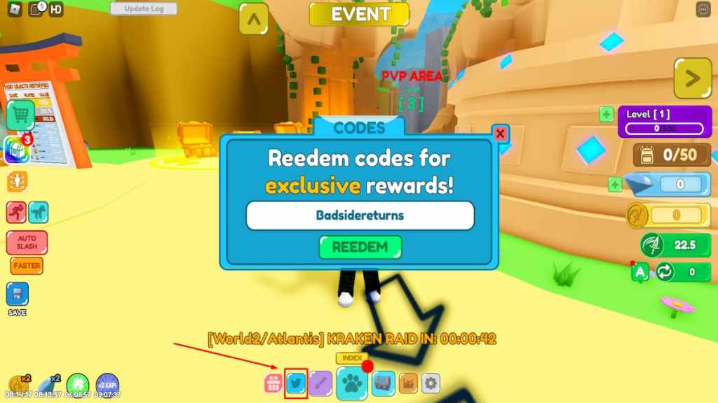 Roblox Slashing Simulator Codes redeem page