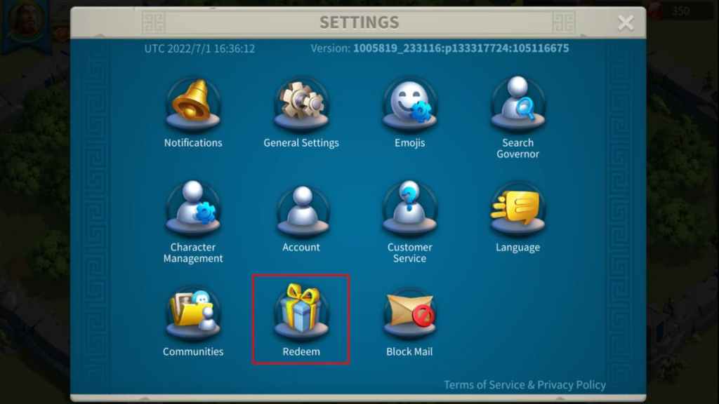 Rise of Kingdom Codes Redeem Menu