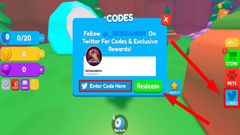 Redeem code text box for YoYo Simulator