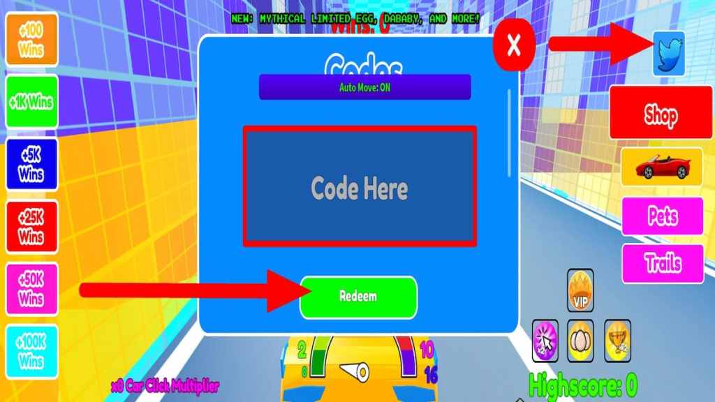 Redeem code text box for Roblox Race Car Clicker 