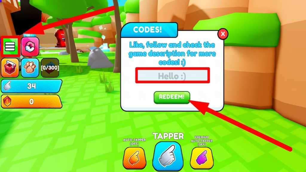 Redeem code text box for Roblox Tapper Simulator