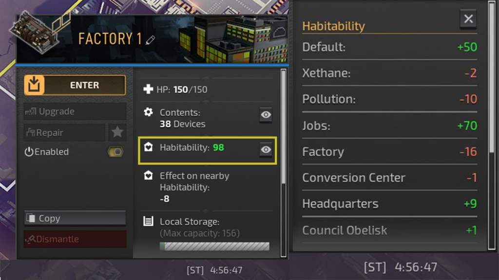 factory pop-up menu with 98 habitability highlighted. next to this, a list of all factors that affect habitability