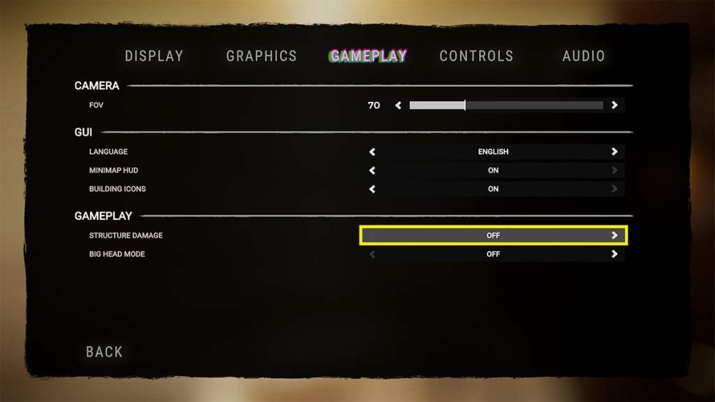 gameplay tab of the options menu, where the 